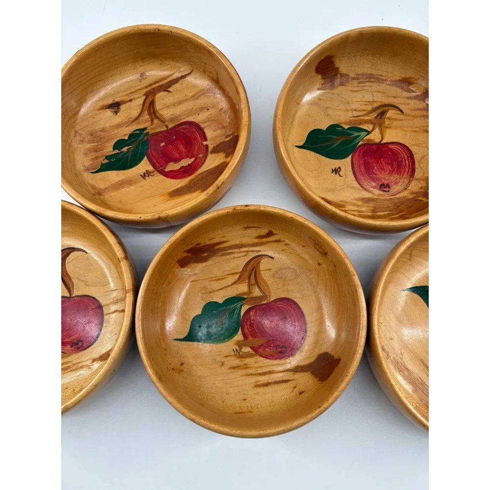 Vintage Hand Painted Wooden Bowls Set of 5 Red Apple Artisan Americana 5 Inch